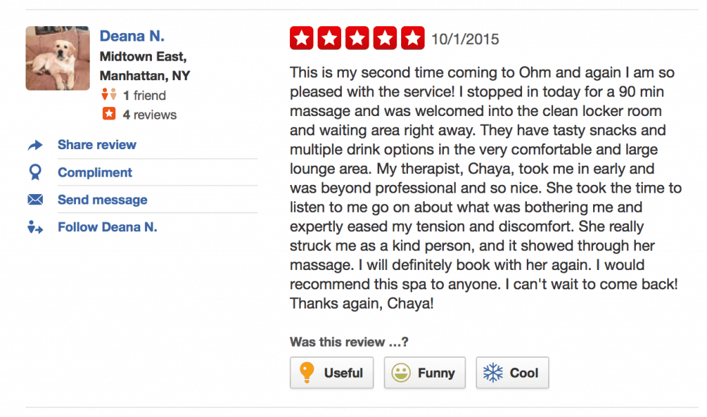 5 Star Review for Ohm Spa, the best spa in NYC. This is my second time coming to Ohm and again I am so pleased with the service! I stopped in today for a 90 min massage and was welcomed into the clean locker room and waiting area right away. They have tasty snacks and multiple drink options in the very comfortable and large lounge area. My therapist, Chaya, took me in early and was beyond professional and so nice. She took the time to listen to me go on about what was bothering me and expertly eased my tension and discomfort. She really struck me as a kind person, and it showed through her massage. I will definitely book with her again. I would recommend this spa to anyone. I can't wait to come back! Thanks again, Chaya!