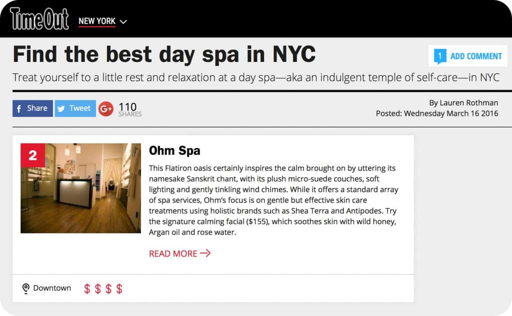 Find the best day spa in NYC. Treat yourself to a little rest and relaxation at a day spa—aka an indulgent temple of self-care—in NYC. Ohm Spa & Lounge - This Flatiron oasis certainly inspires the calm brought on by uttering its namesake Sanskrit chant, with its plush micro-suede couches, soft lighting and gently tinkling wind chimes. While it offers a standard array of spa services, Ohm’s focus is on gentle but effective skin care treatments using holistic brands such as Shea Terra and Antipodes. Try the signature calming facial ($155), which soothes skin with wild honey, Argan oil and rose water. Life in the big city can really wear you out: the interminable daily subway commutes, the hustle at work (and at play), the sheer volume of people who seem determined to somehow make your day even more annoying. New Yorkers, perhaps more than anybody else, need a break every once in a while: a chance to relax, preferably with a massage, a refreshing facial or a manicure at one of these spas. And there’s no need to wait for Spa Week NYC—just pick an excellent day spa (many with affordable spa treatments) that offers just what you need when you want to get away from it all for a day or even just an afternoon.