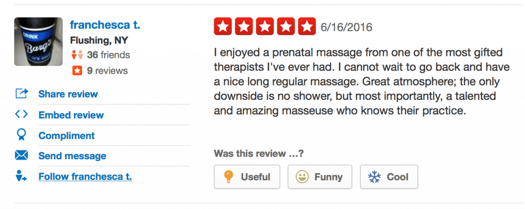 I enjoyed a prenatal massage from one of the most gifted therapists I've ever had. I cannot wait to go back and have a nice long regular massage. Great atmosphere; the only downside is no shower, but most importantly, a talented and amazing masseuse who knows their practice.