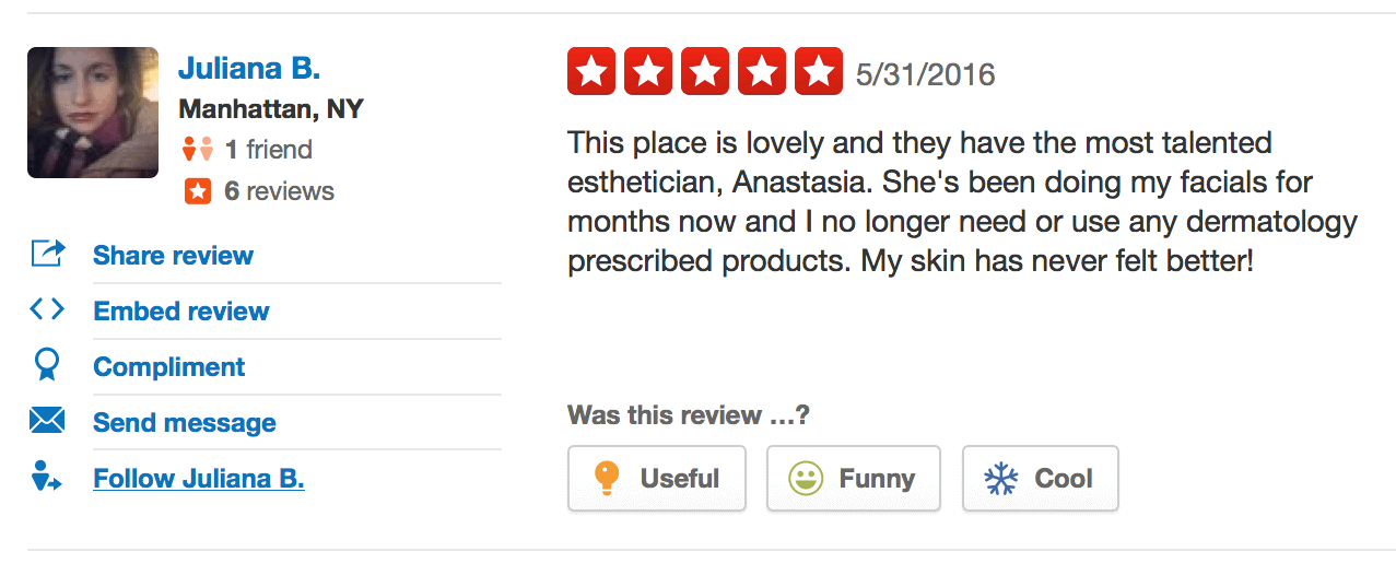 This place is lovely and they have the most talented esthetician, Anastasia. She’s been doing my facials for months now and I no longer need or use any dermatology prescribed products. My skin has never felt better!
